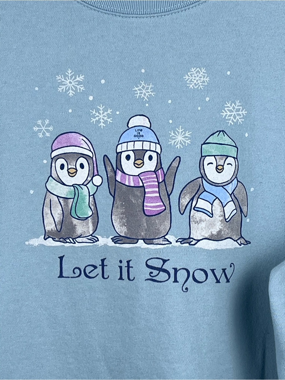 LIfe is Good Women's 100% Cotton Sweatshirt with Winter Penguin Graphic Size L - Picture 3 of 11
